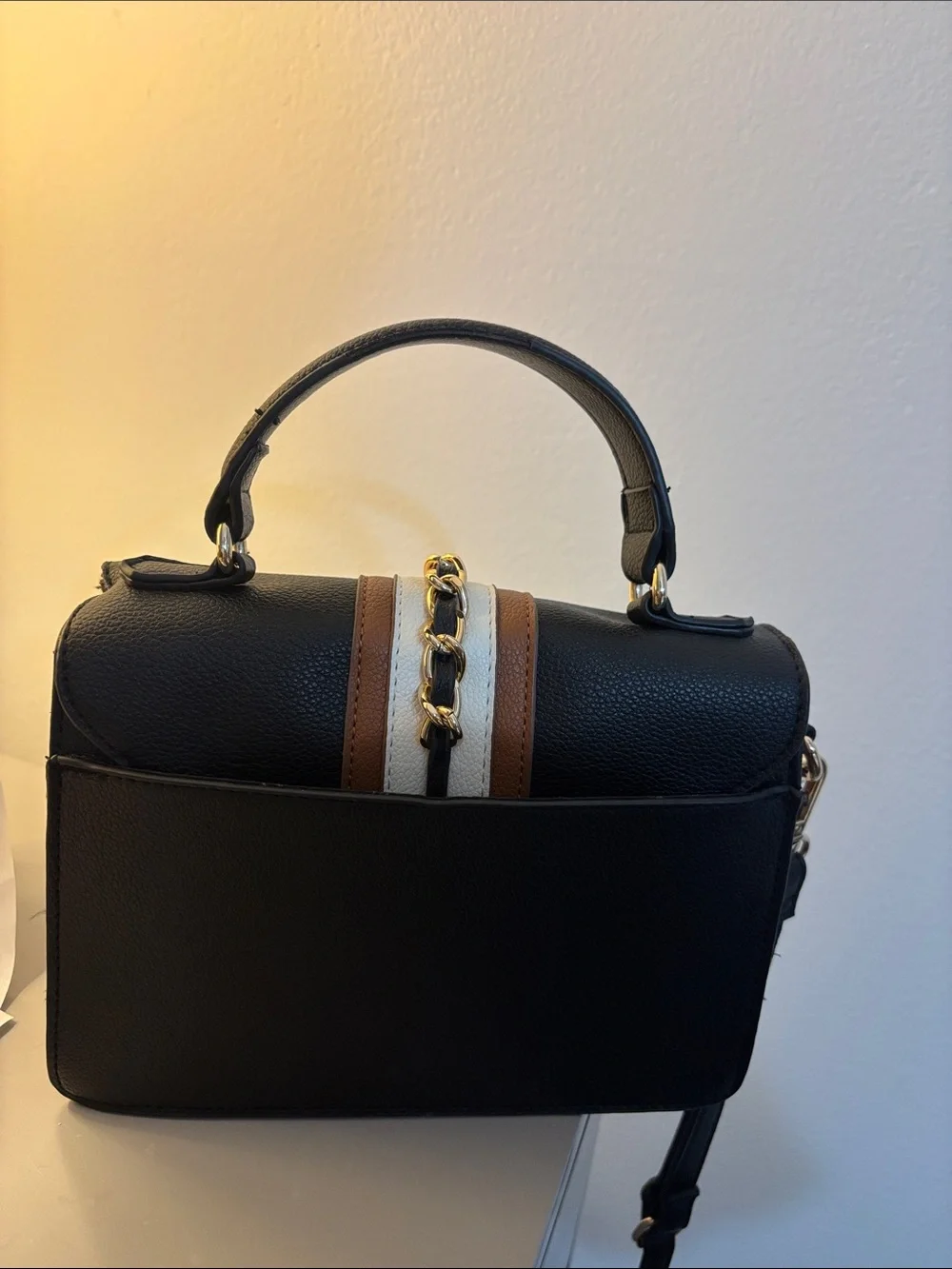 Anne Klein Black White and Brown Chain-Accent Satchel